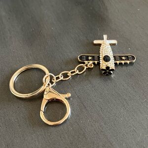Black Gold Airplane Plane Travel Allover Rhinestone 2” Keychain Bag Charm Vacay